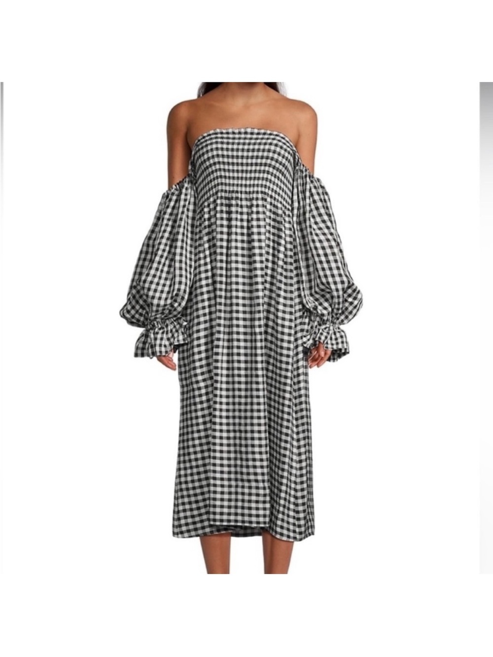 SLEEPER Off-Shoulder Black & White Gingham Midi Dress